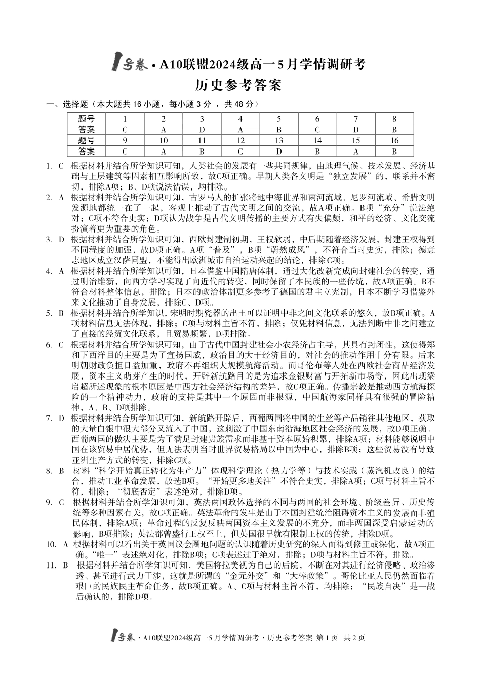 【历史答案】1号卷A10联盟2024级高一5月学情调研考.pdf_第1页