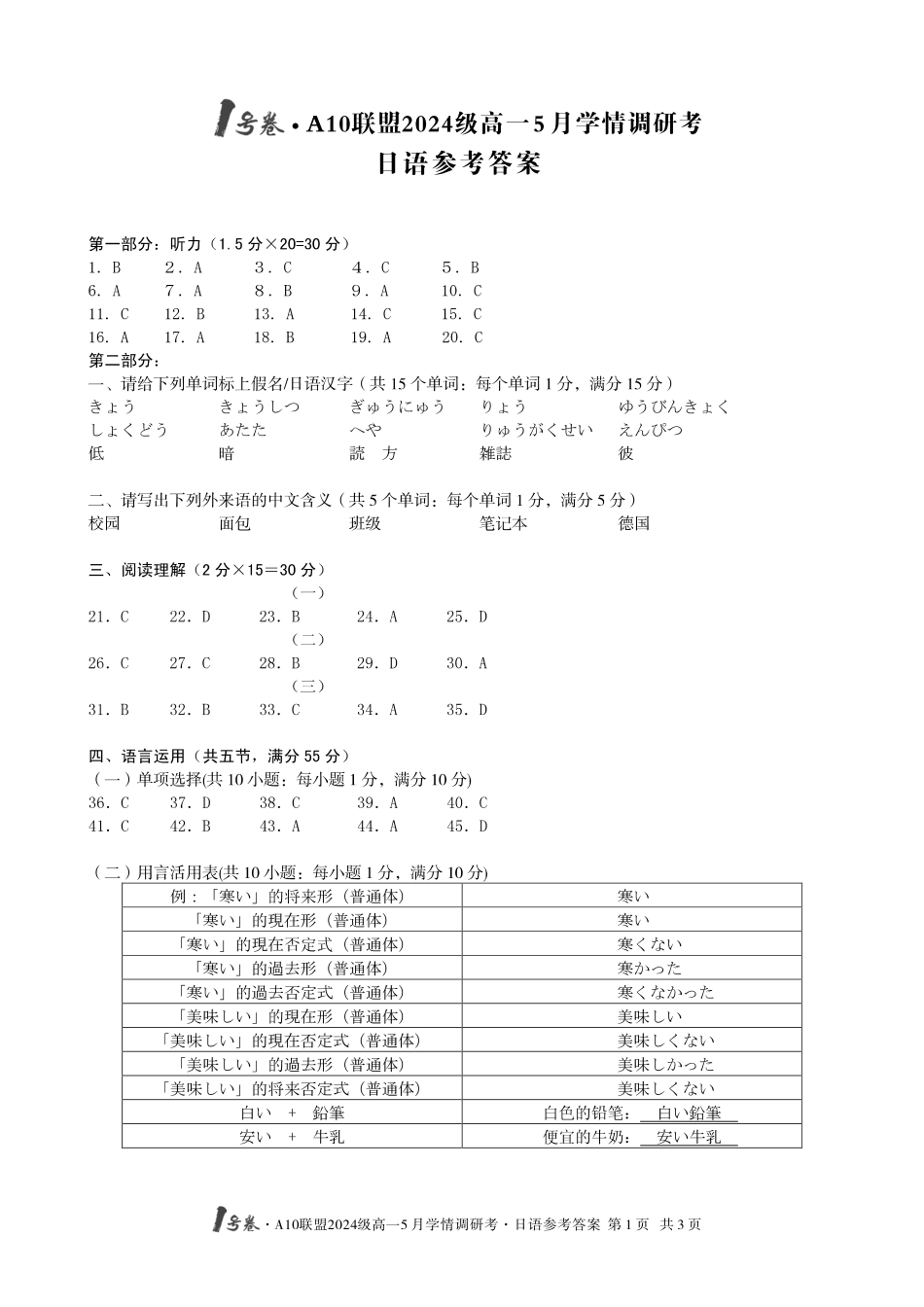 【日语答案】1号卷A10联盟2024级高一5月学情调研考.pdf_第1页