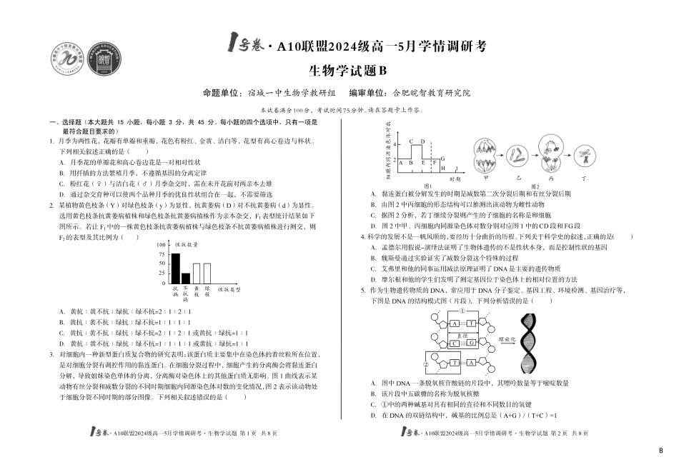 【生物（B卷）】1号卷A10联盟2024级高一5月学情调研考.pdf_第1页