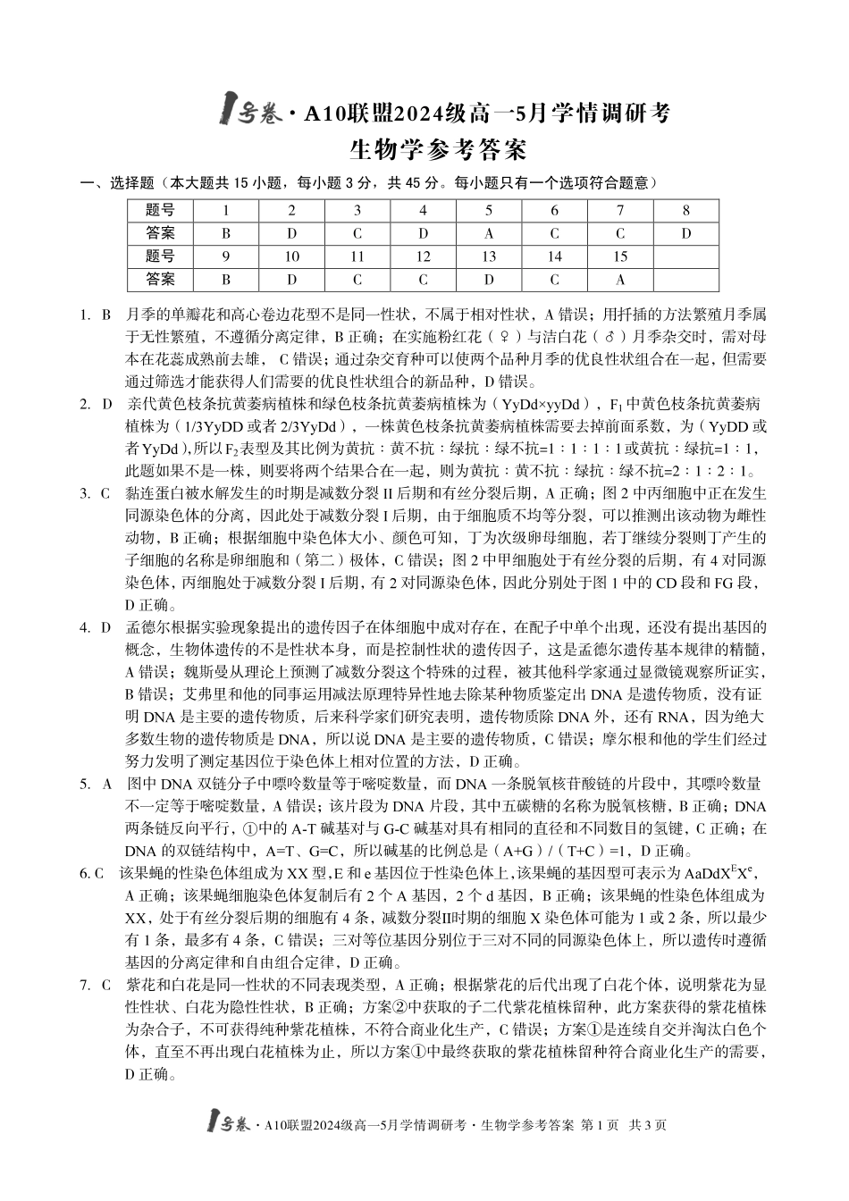 【生物答案】1号卷A10联盟2024级高一5月学情调研考.pdf_第1页