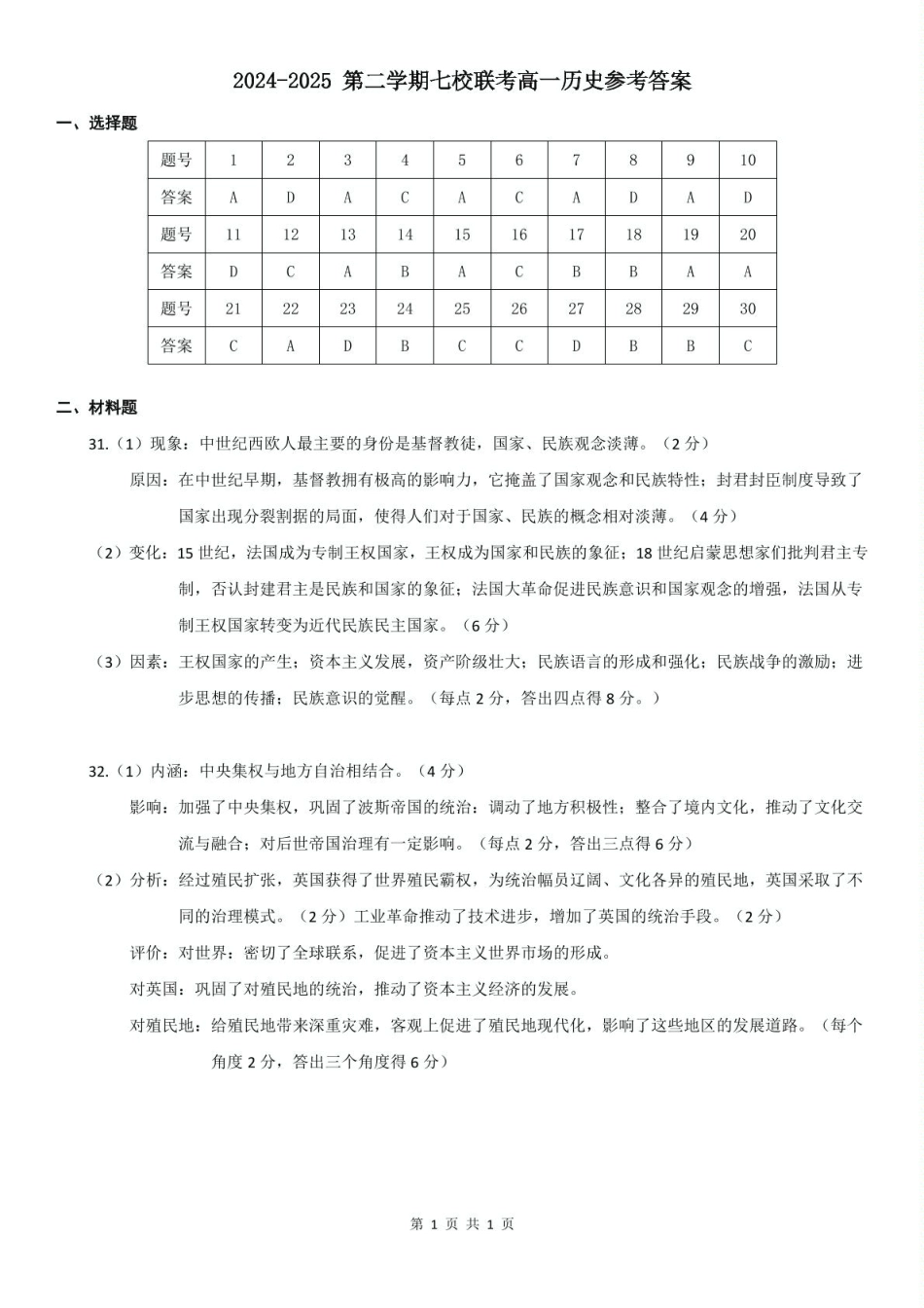 24-25学年七校联考高一历史高一历史七校联考答案.pdf_第1页