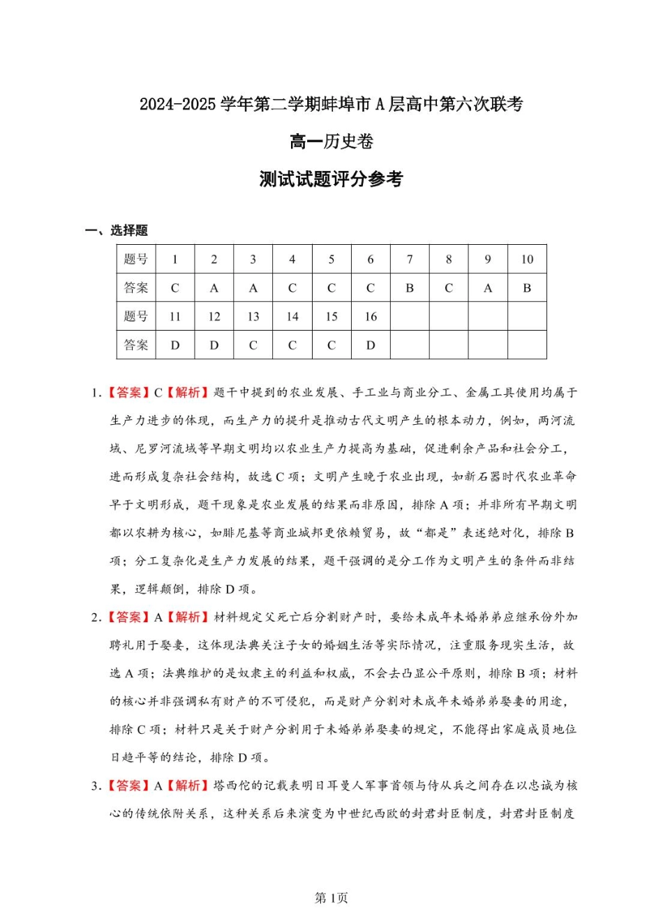 安徽省蚌埠市A层高中2024-2025学年高一下学期第六次联考（5月期中）历史答案.pdf_第1页