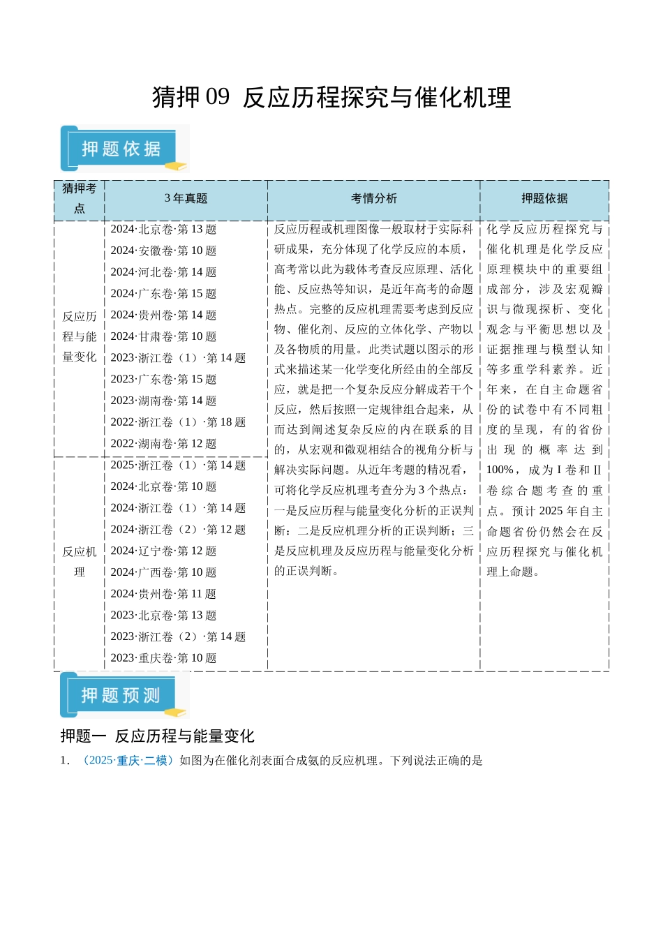 猜押09 反应历程探究与催化机理（原卷版）-2025年高考化学冲刺抢押秘籍.docx_第1页