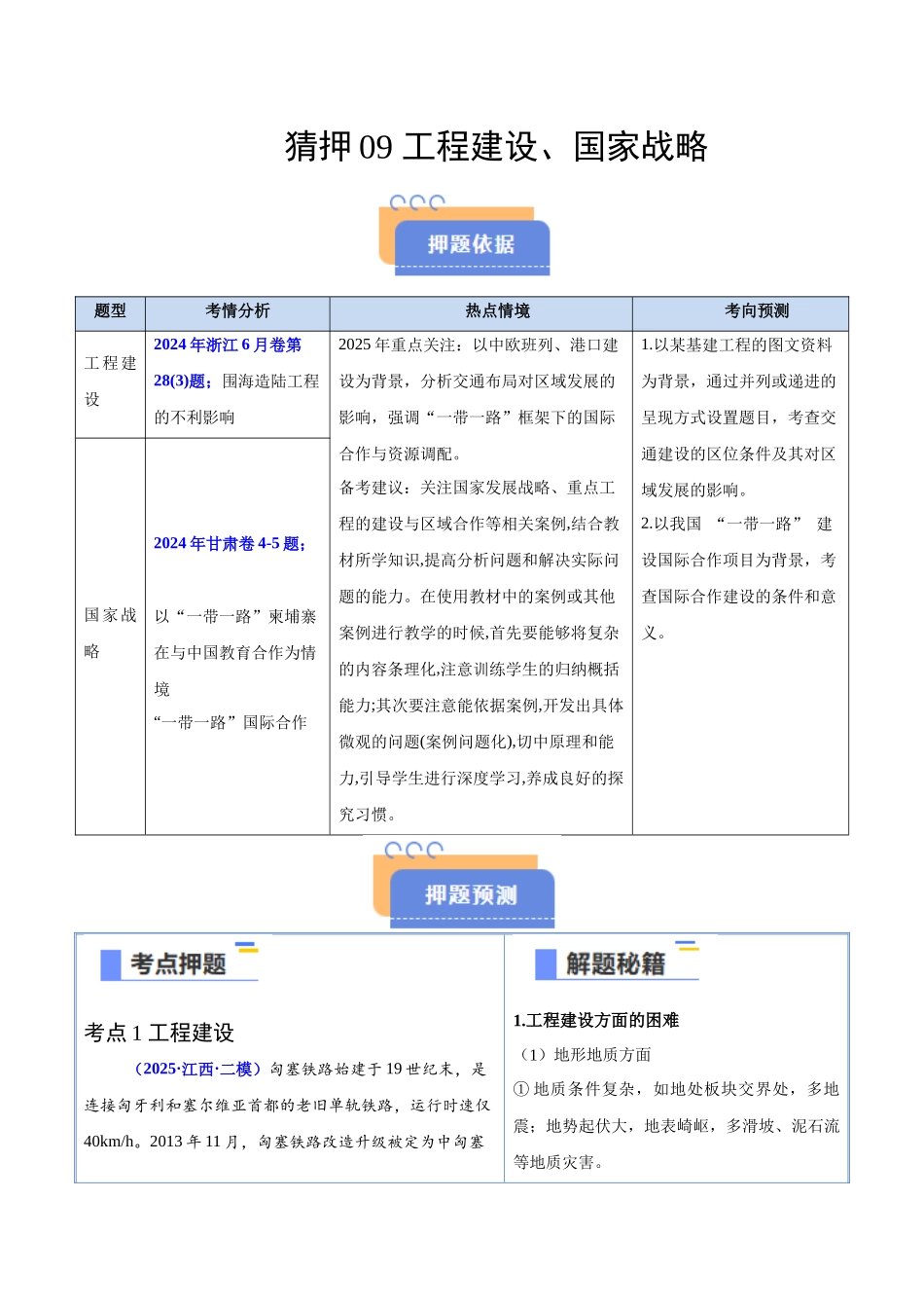 猜押09工程建设、国家战略-2025年高考地理冲刺抢押秘籍（新高考通用）（原卷版）.docx_第1页