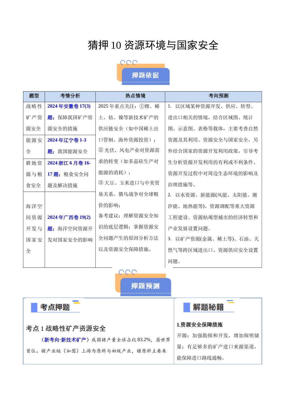 猜押10资源环境与国家安全-2025年高考地理冲刺抢押秘籍（新高考通用）（解析版）.docx_第1页