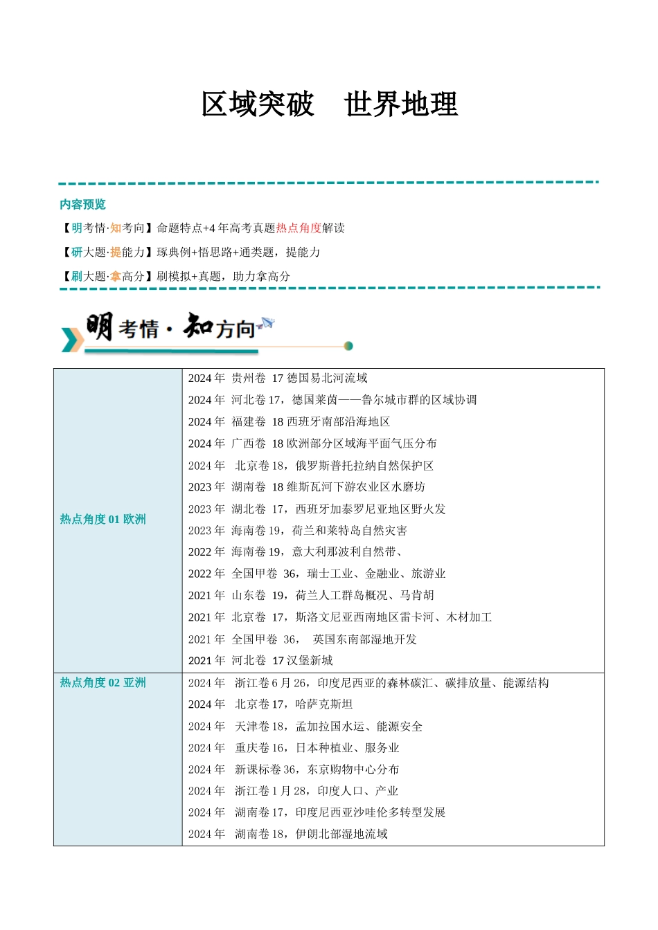 冲刺2025年高考地理大题突破-区域突破 世界地理（6大热点角度）（原卷版）.docx_第1页