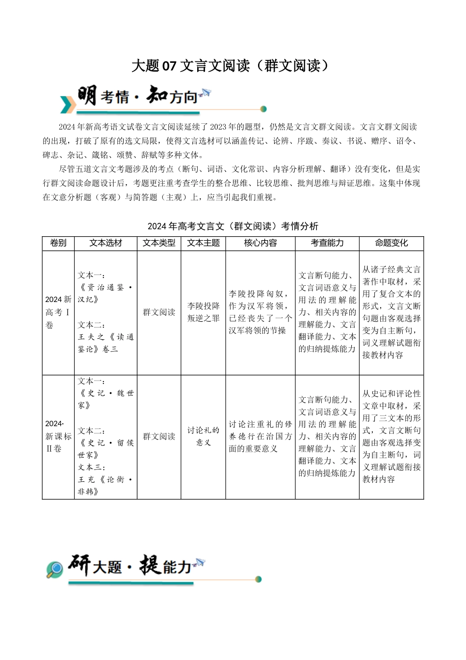 冲刺2025年高考语文大题突破-大题07 文言文阅读（群文阅读）（解析版）.docx_第1页