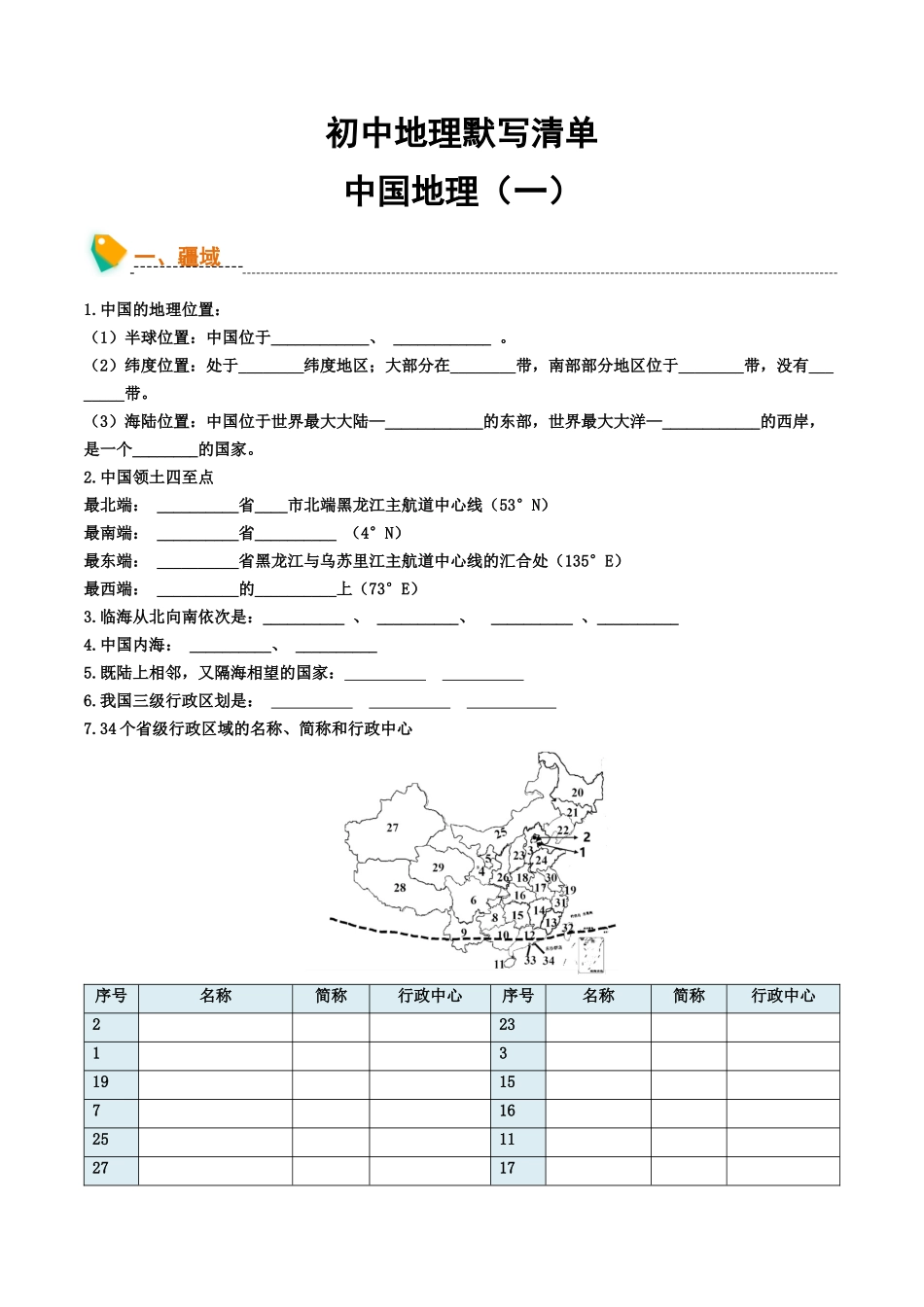 初中地理默写清单（中国地理一）-2025年会考地理知识点梳理.docx_第1页