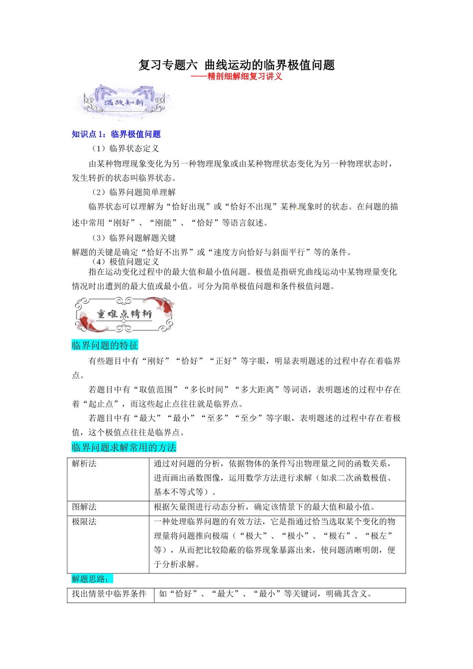 第06讲 复习专题六 曲线运动的临界问题（教师版）-新高二暑假精品课（人教版）.docx_第1页