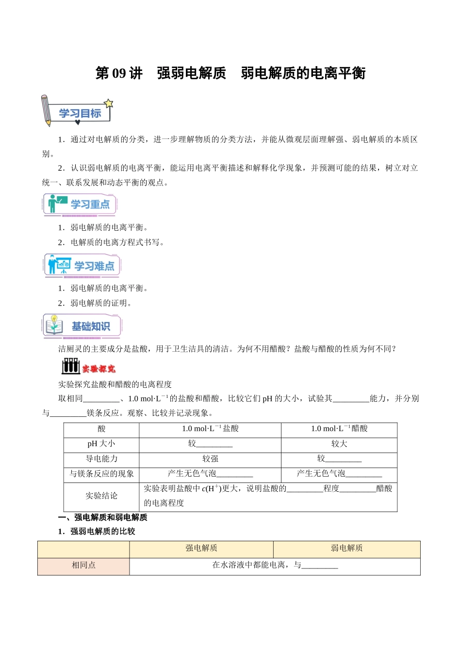 第09讲 强弱电解质 弱电解质的电离平衡-【学生版】新高二化学暑假衔接（人教版）.docx_第1页