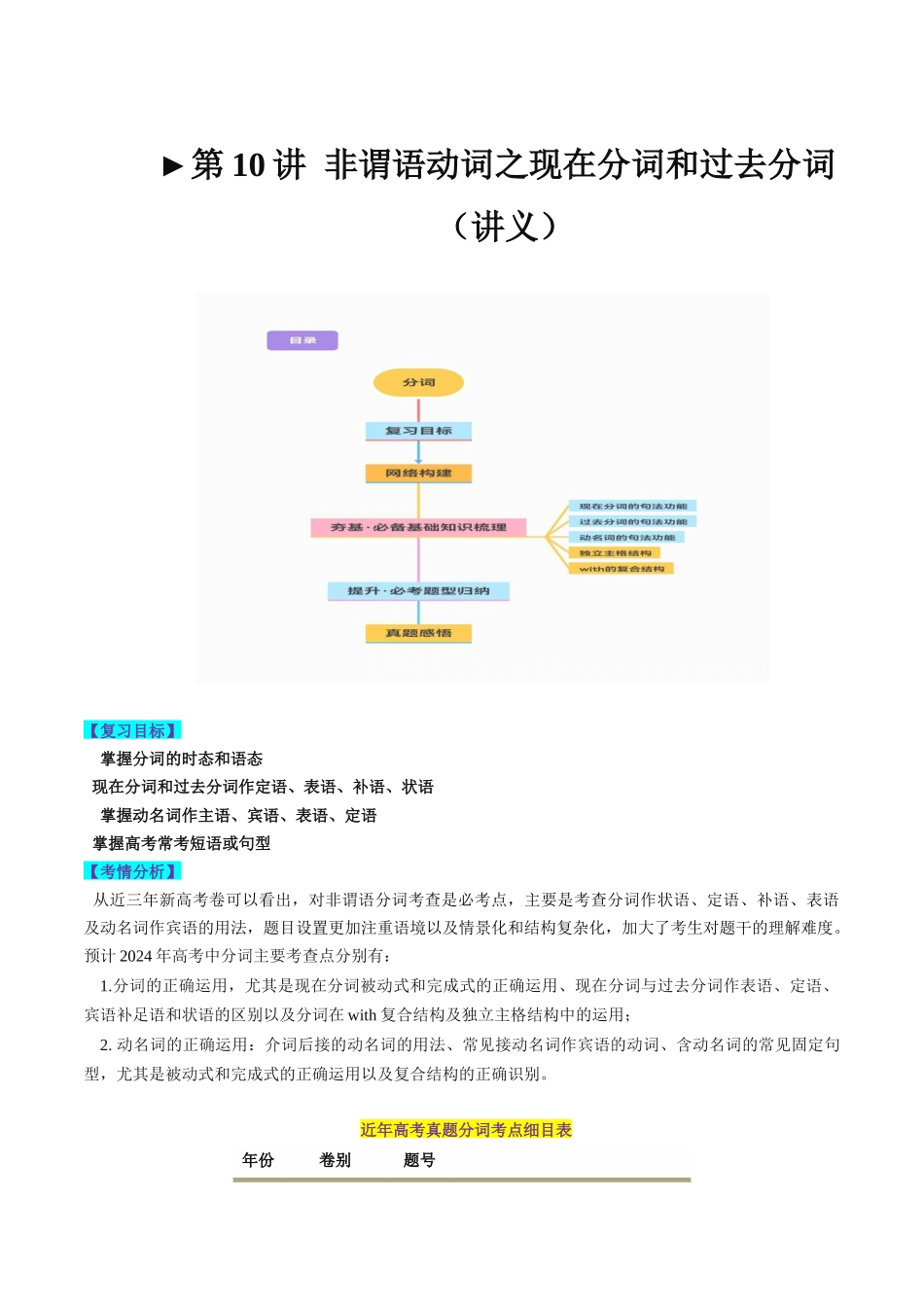 第10讲 非谓语动词之分词（讲义）-2024年高考英语一轮复习讲练测（新教材新高考）（原卷版）.docx_第1页