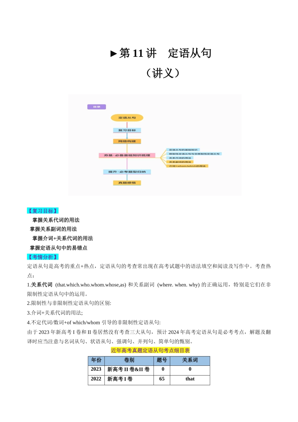 第11讲 定语从句（讲义）-2024年高考英语一轮复习讲练测（新教材新高考）（解析版）.docx_第1页