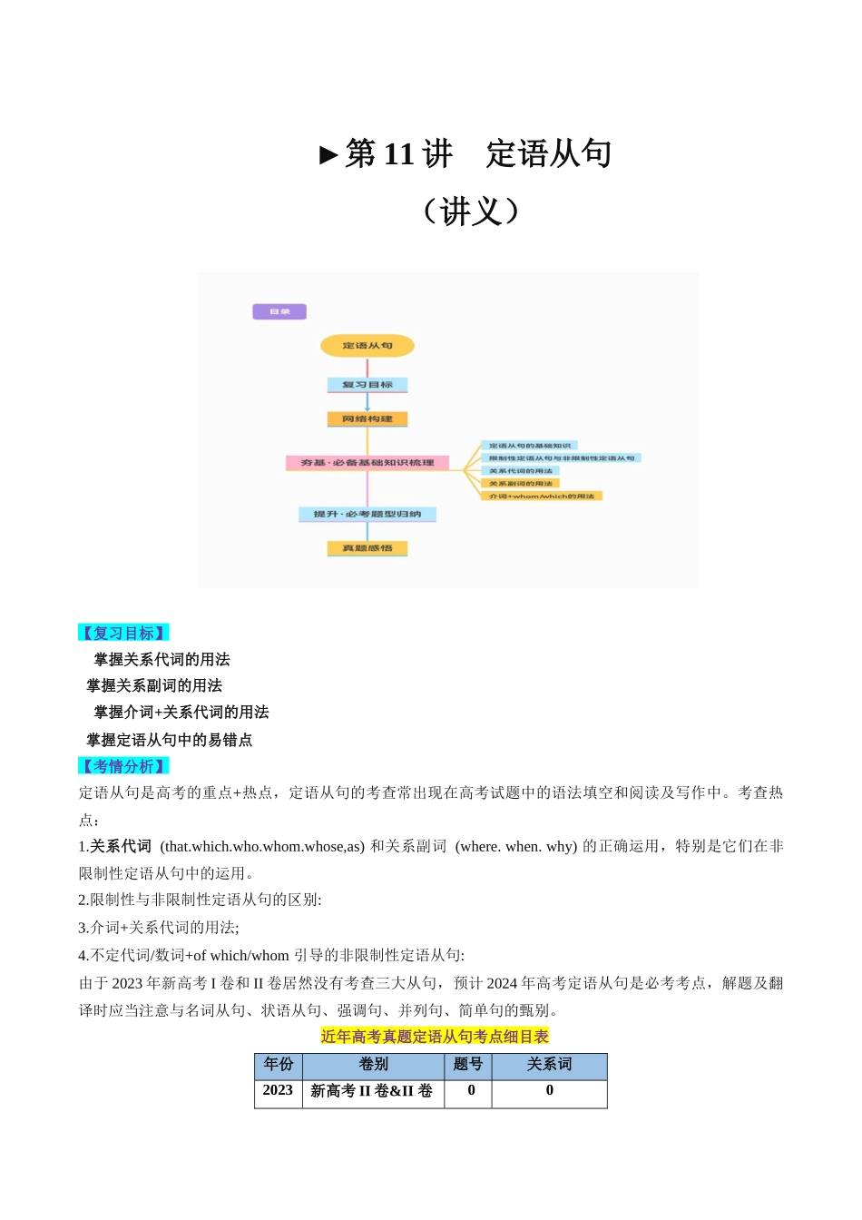 第11讲 定语从句（讲义）-2024年高考英语一轮复习讲练测（新教材新高考）（原卷版）.docx_第1页