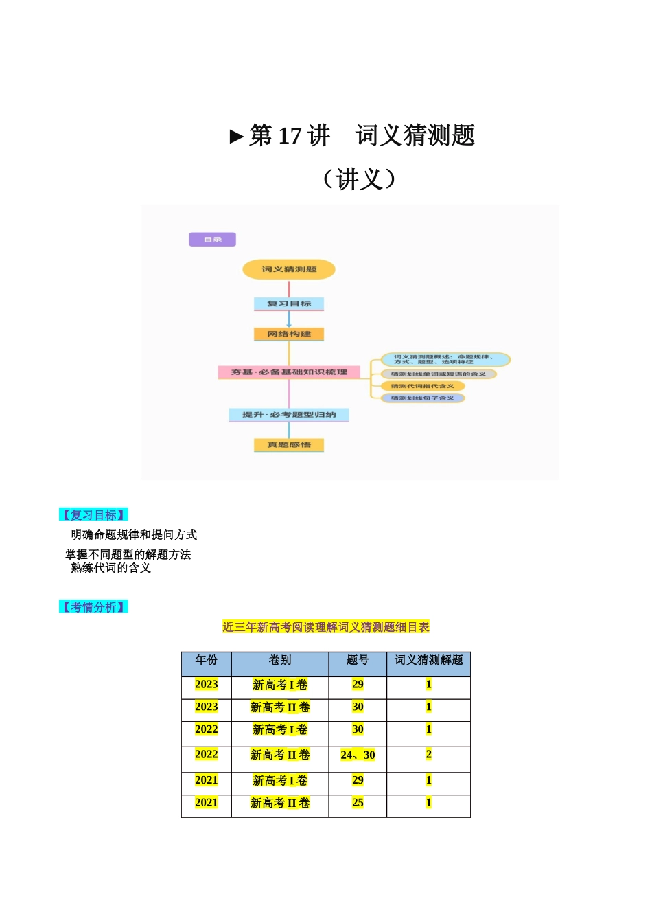 第17讲 阅读理解词义猜测题（讲义）-2024年高考英语一轮复习讲练测（新教材新高考）（解析版）.docx_第1页