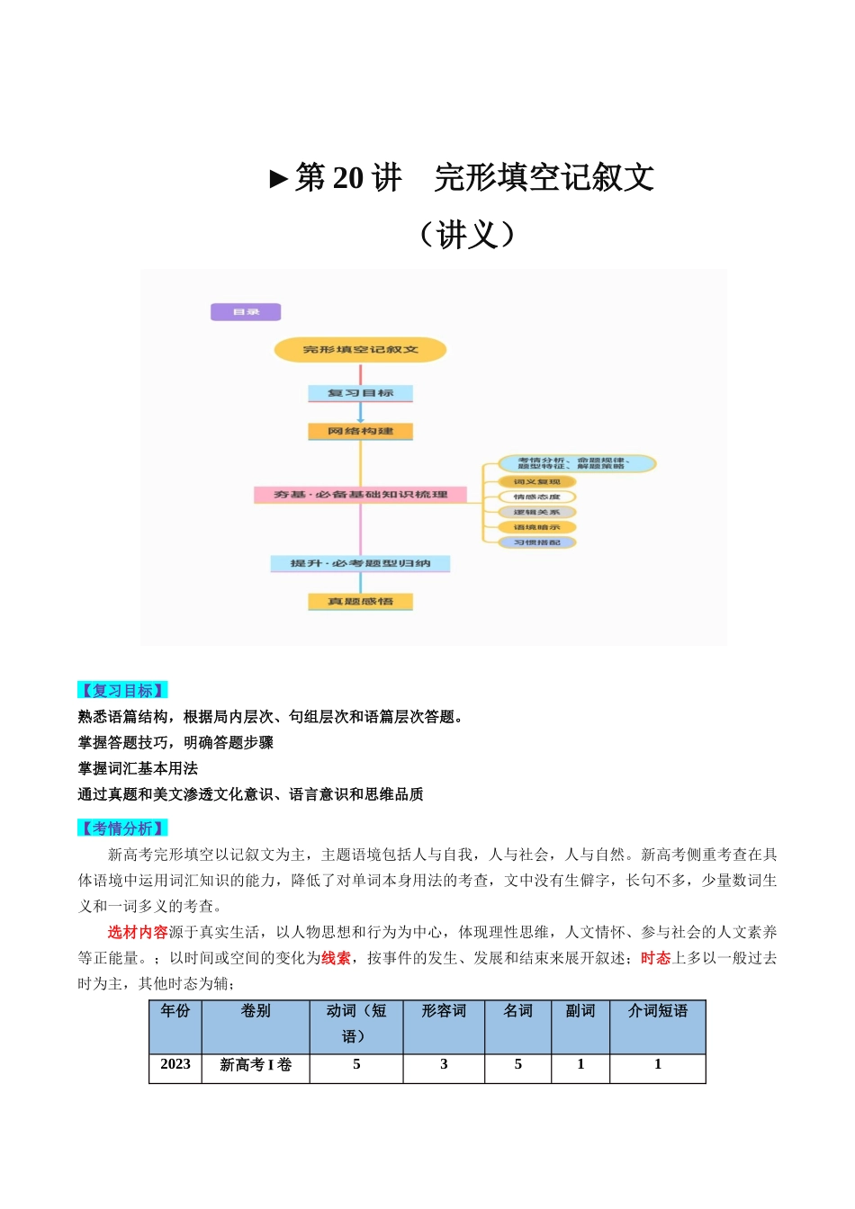 第20讲 完形填空记叙文（讲义）-2024年高考英语一轮复习讲练测（新教材新高考）（原卷版）.docx_第1页