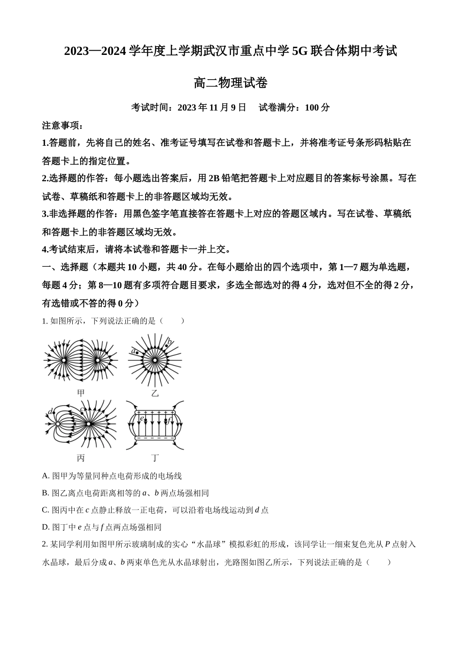 湖北省武汉市重点中学5G联合体2023-2024学年高二上学期期中物理试题（原卷版）.docx_第1页