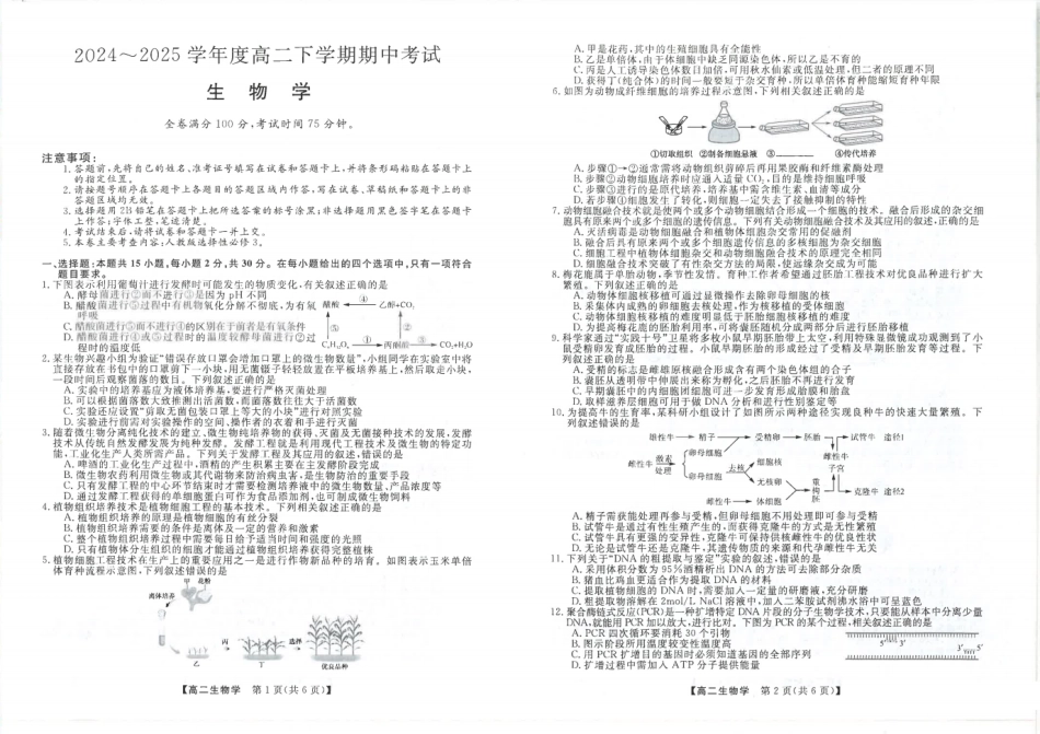 吉林省松原市2024~2025学年度高二下学期期中考试生物学（含答题卡、答案）.pdf_第1页