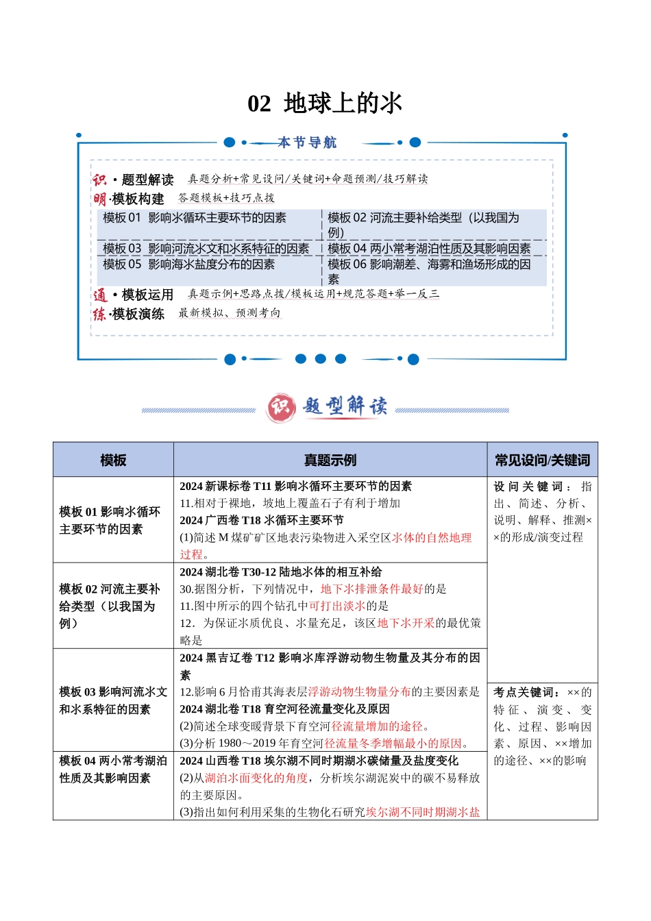 类型02 地球上的水（答题模板）-2025年高考地理答题技巧与模板（教师版）.docx_第1页