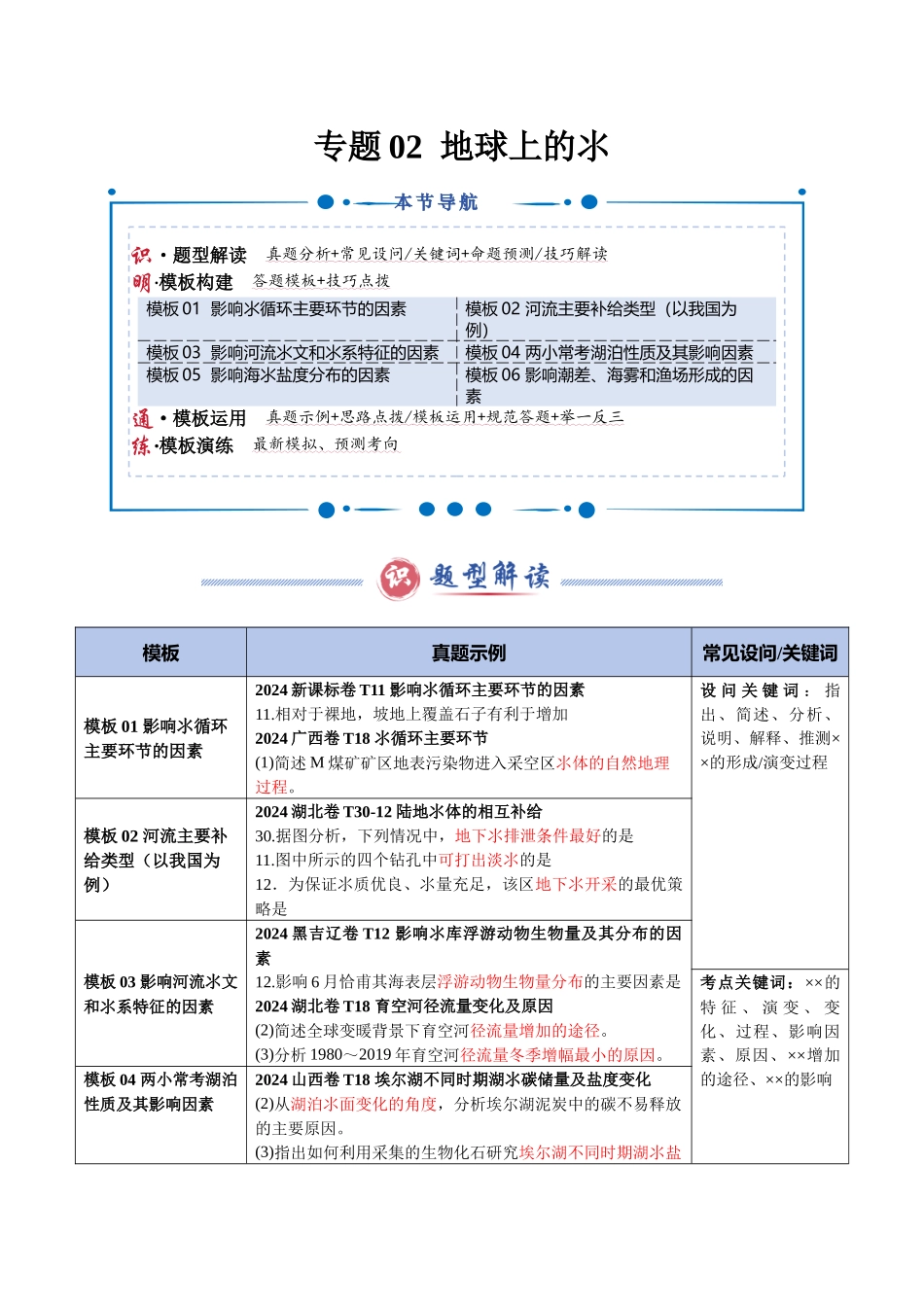 类型02 地球上的水（答题模板）-2025年高考地理答题技巧与模板（学生版）.docx_第1页