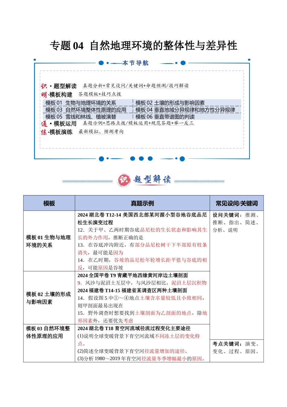 类型04 自然地理环境的整体性与差异性（答题模板）-2025年高考地理答题技巧与模板（教师版）.docx_第1页