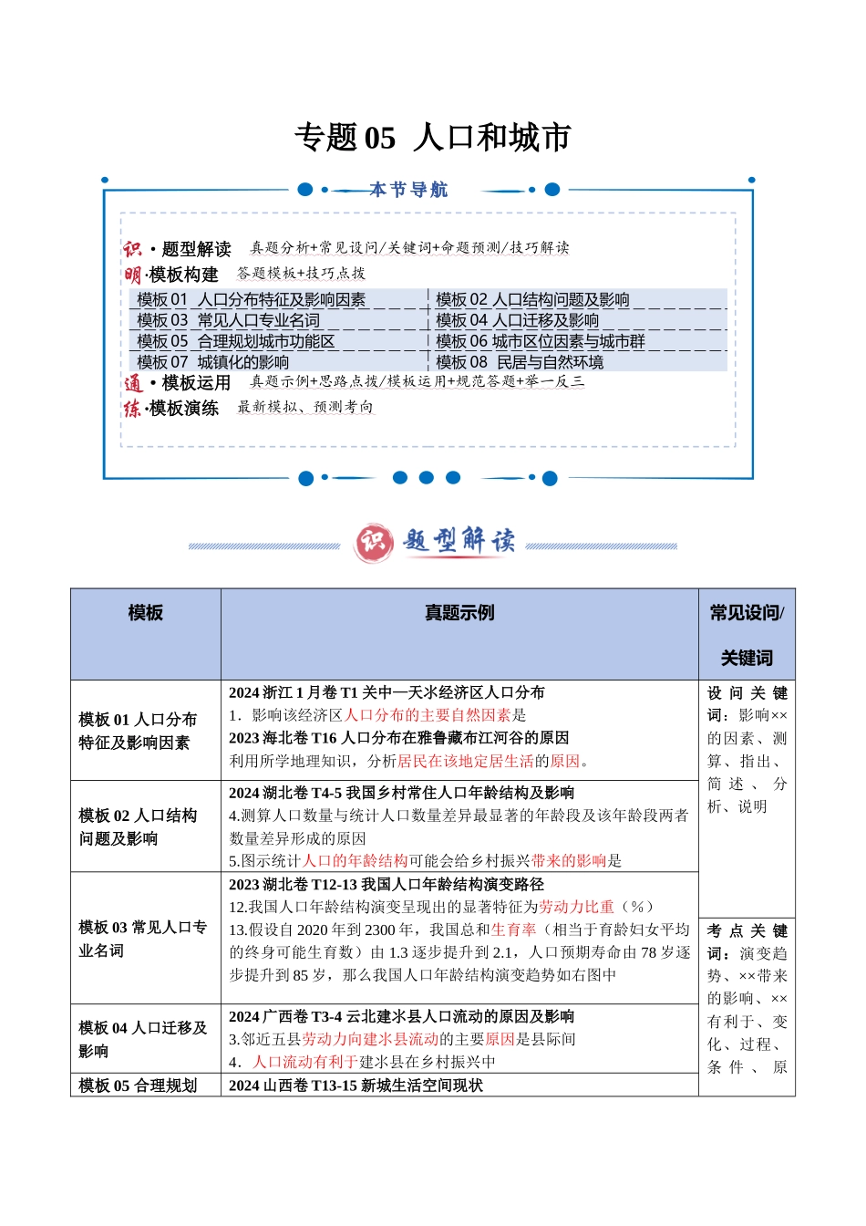 类型05 人口和城市（答题模板）-2025年高考地理答题技巧与模板（学生版）.docx_第1页