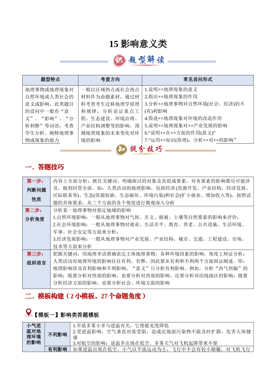 类型15 影响意义类（答题模版）-2025年高考地理答题技巧与模板（教师版）.docx_第1页