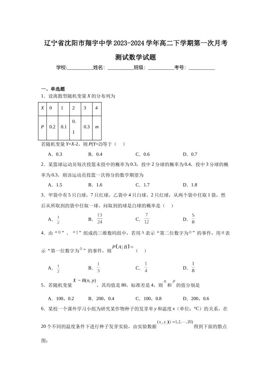 辽宁省沈阳市翔宇中学2023-2024学年高二下学期第一次月考测试数学试题.docx_第1页