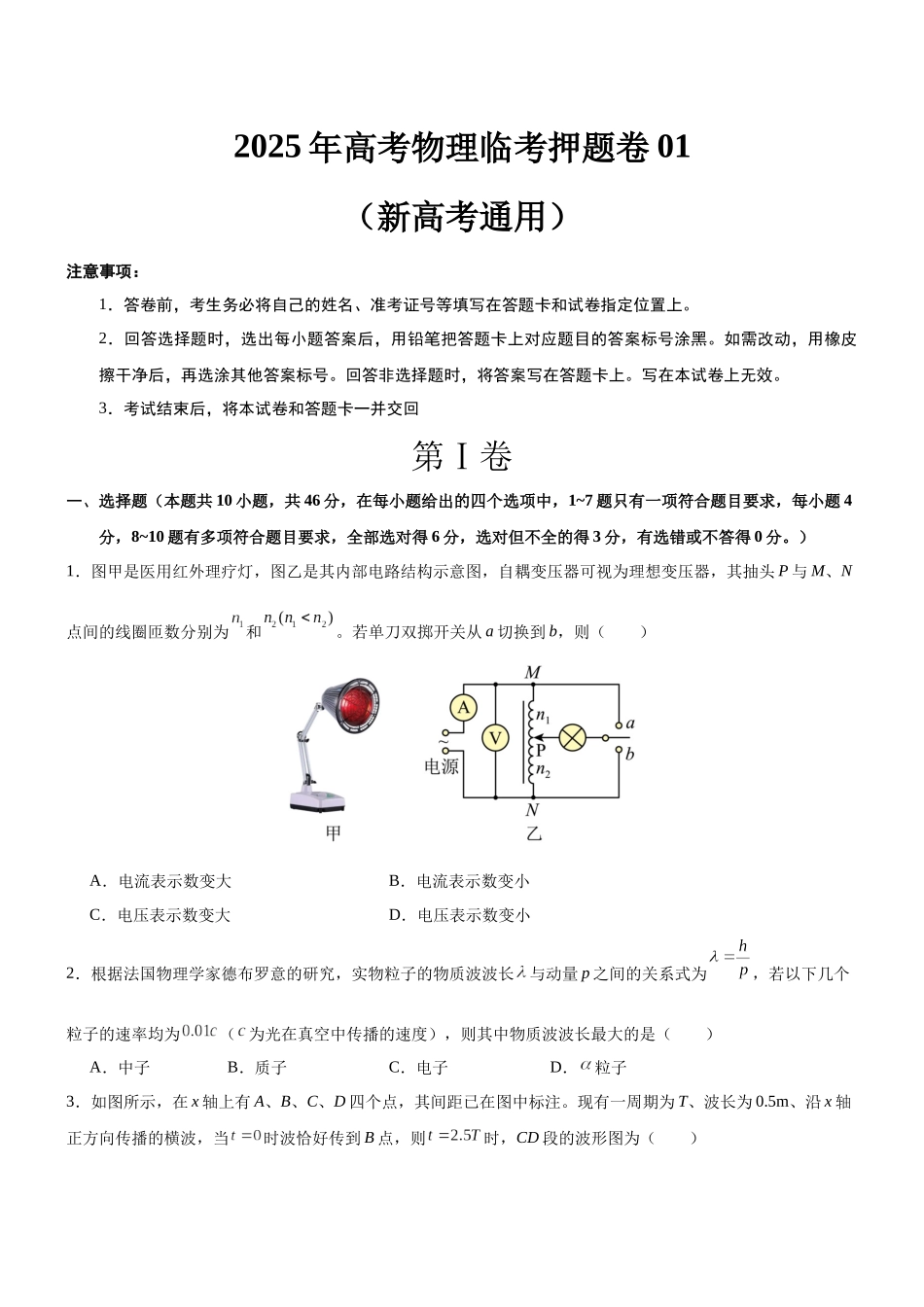 临考押题卷01（新高考通用）（原卷版）-2025年高考物理冲刺抢押秘籍.docx_第1页