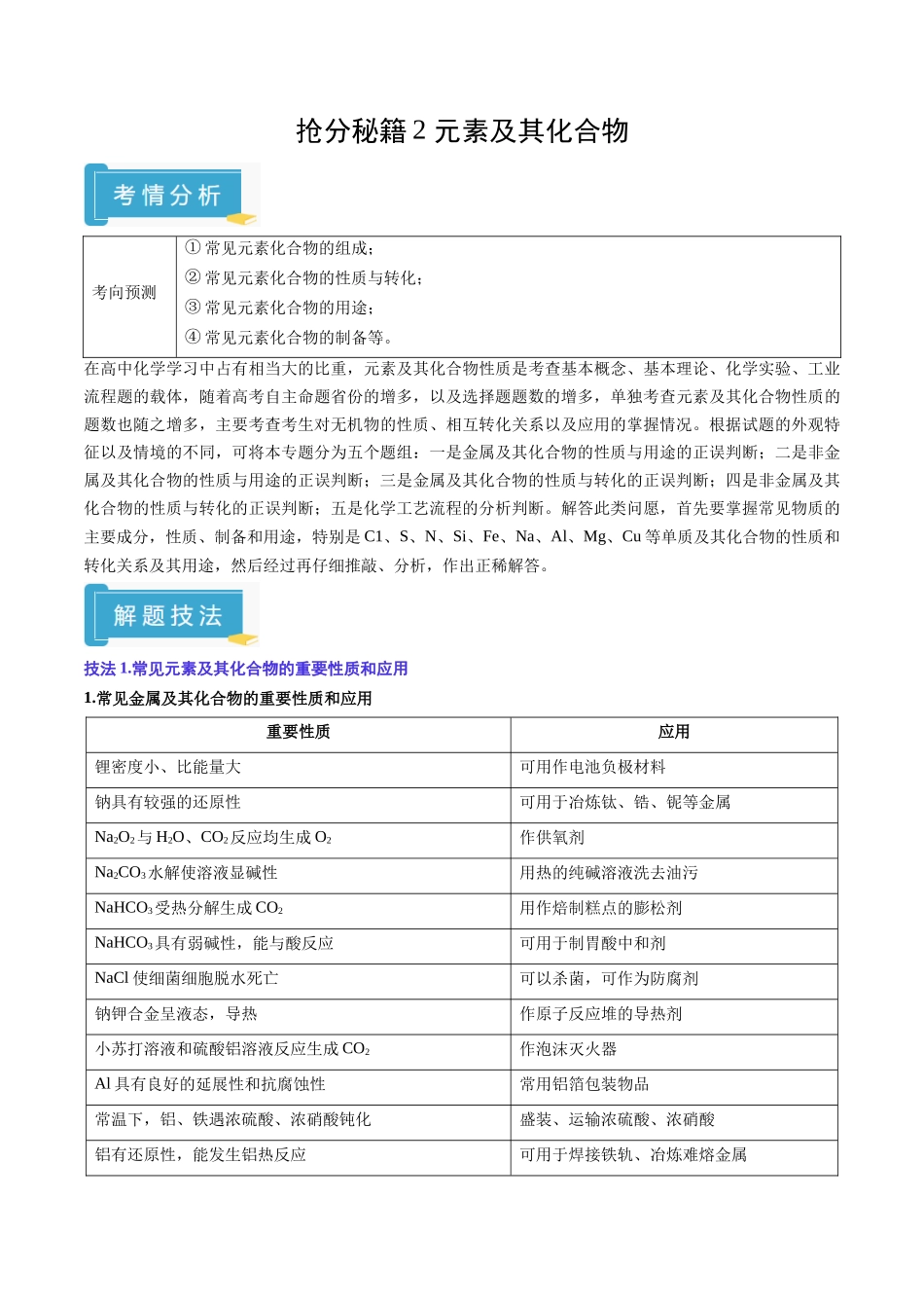 抢分秘籍2 元素及其化合物-2025年高考化学冲刺抢押秘籍（原卷版） .docx_第1页