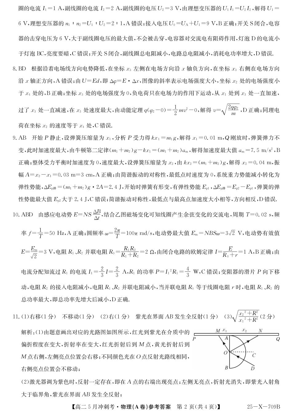 山西省卓越联盟2024-2025学年高二下学期5月冲刺考试25-X-709B-物理（A卷）答案  ZQ.pdf_第2页