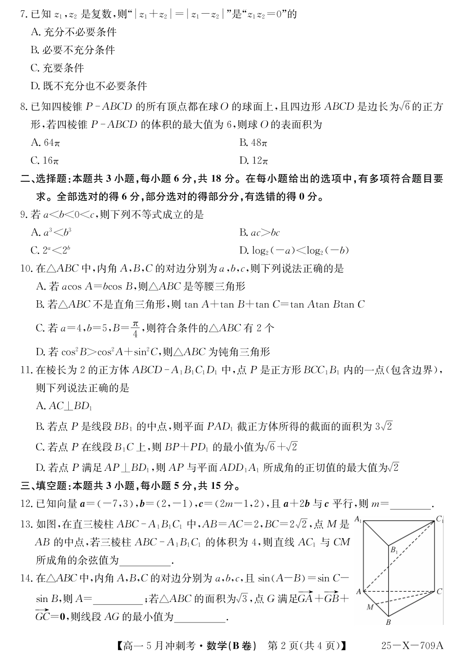 山西省卓越联盟2024-2025学年高一下学期5月冲刺考试25-X-709A-数学（B卷）ZQ.pdf_第2页