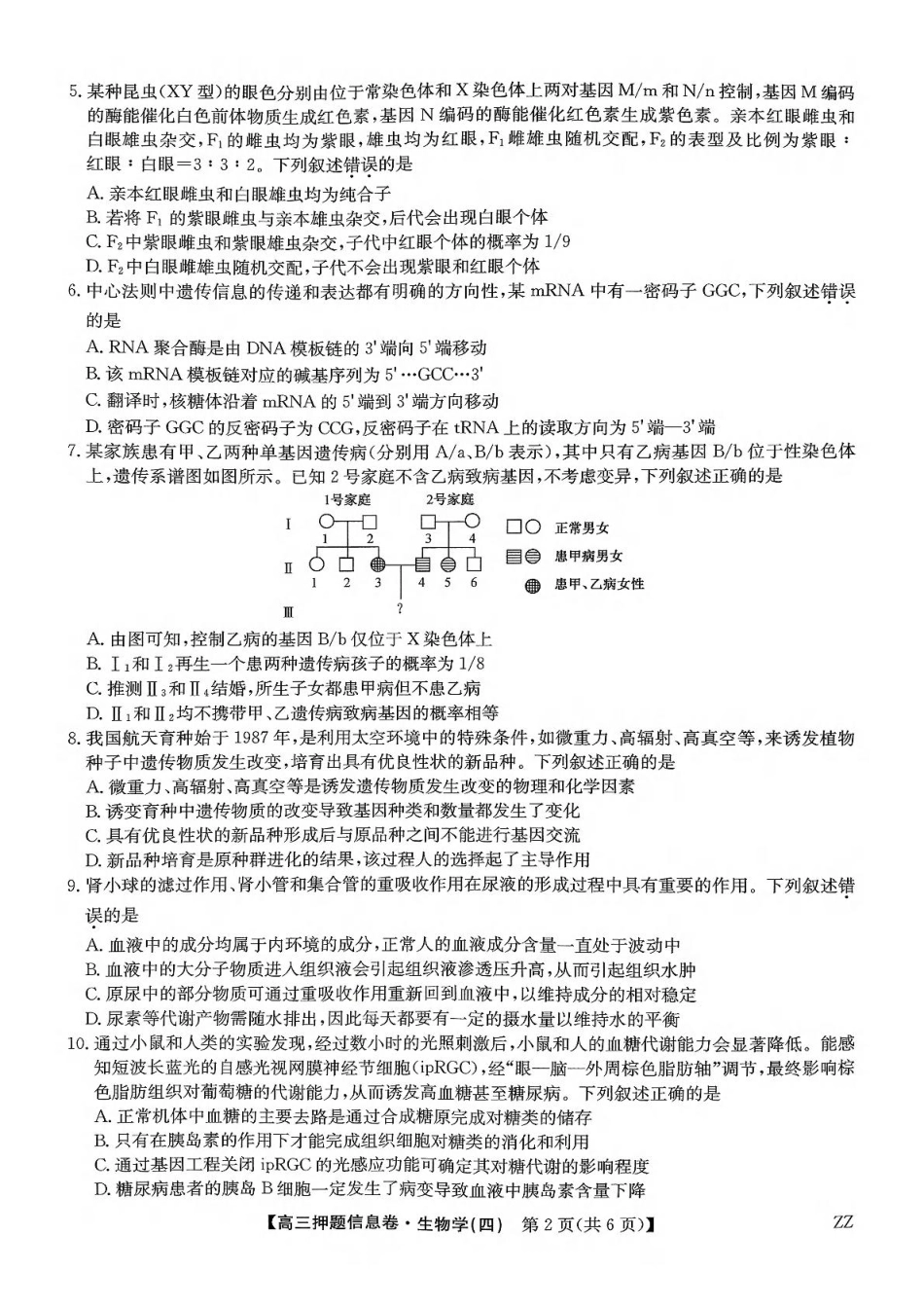 生物试卷（下标ZZ）-押题信息卷（四）【多考区卷】【九师联盟】九师联盟2025届高三押题信息卷（四）（6.2-6.3）.pdf_第2页