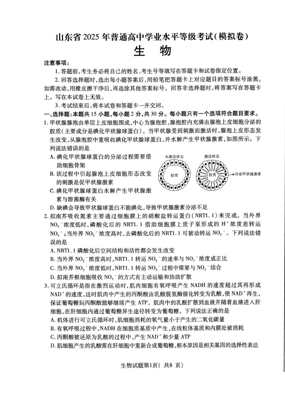 生物试卷（招远三模）【山东卷】山东省烟台市招远市2025年全国新课标I卷模拟试卷暨烟台招远第三次质量检测（烟台招远三模）（5.26-5.28）.pdf_第1页