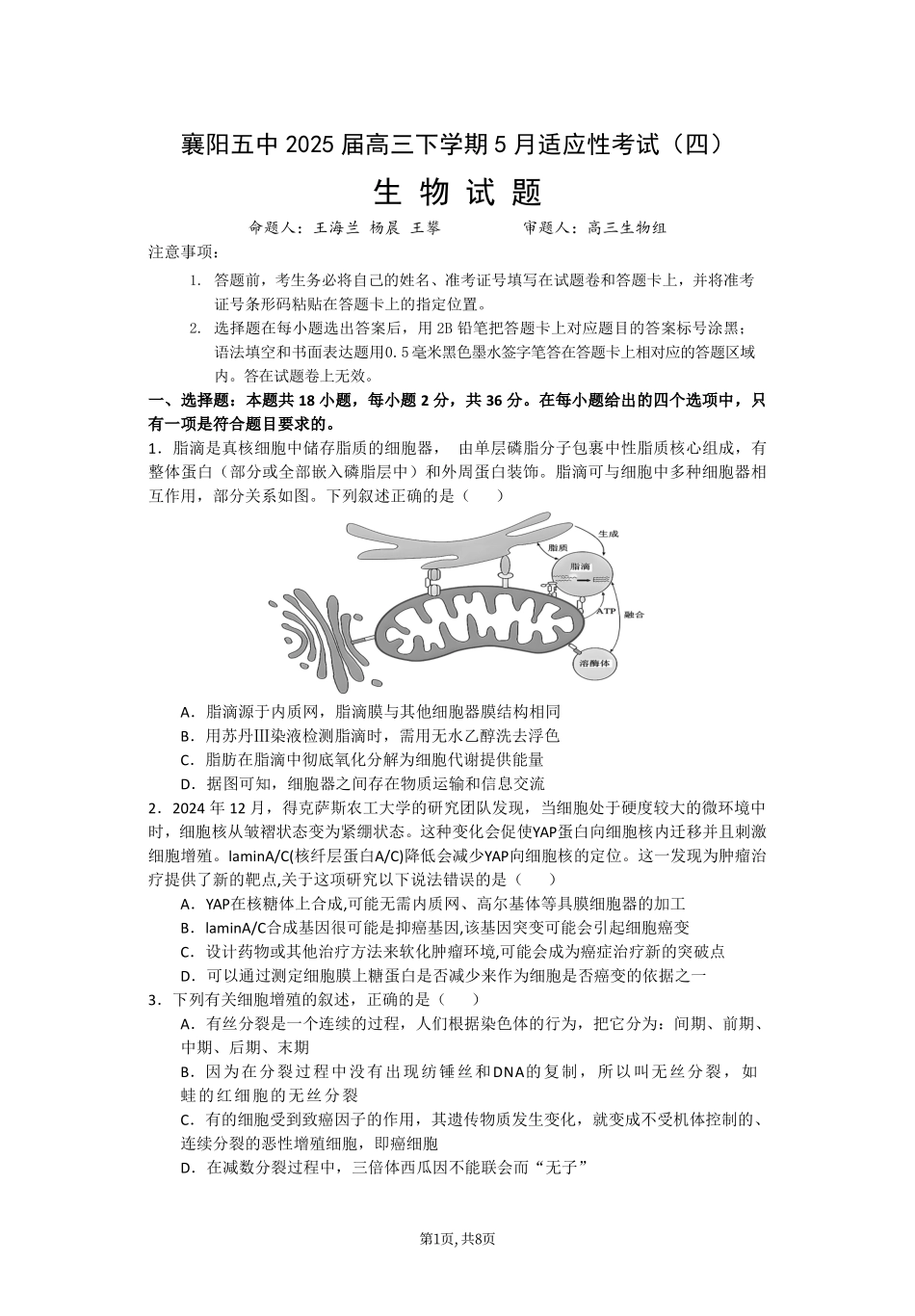 生物试卷【湖北名校】【湖北卷】湖北省襄阳五中2025届高三下学期5月适应性考试（四）（5.29-5.30））.pdf_第1页