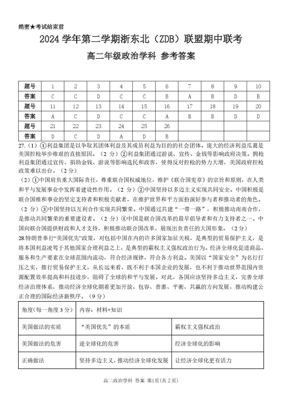 浙江省浙东北县域名校发展联盟（ZDB）2024-2025学年高二下学期4月期中政治答案.pdf_第1页