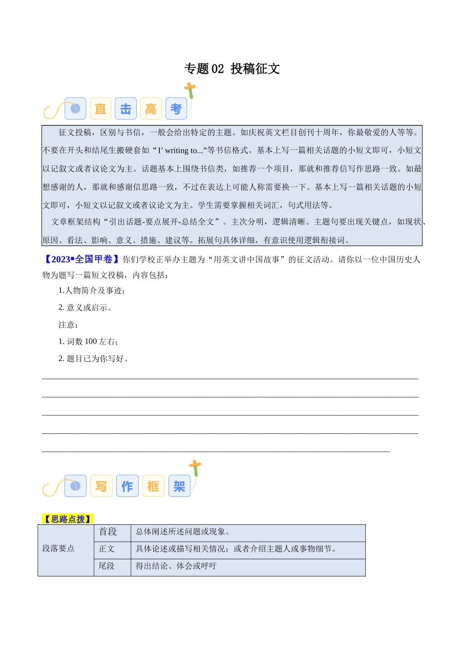 专题02 投稿征文（原卷版）-2025年高考英语写作常考题型全面突破.docx_第1页