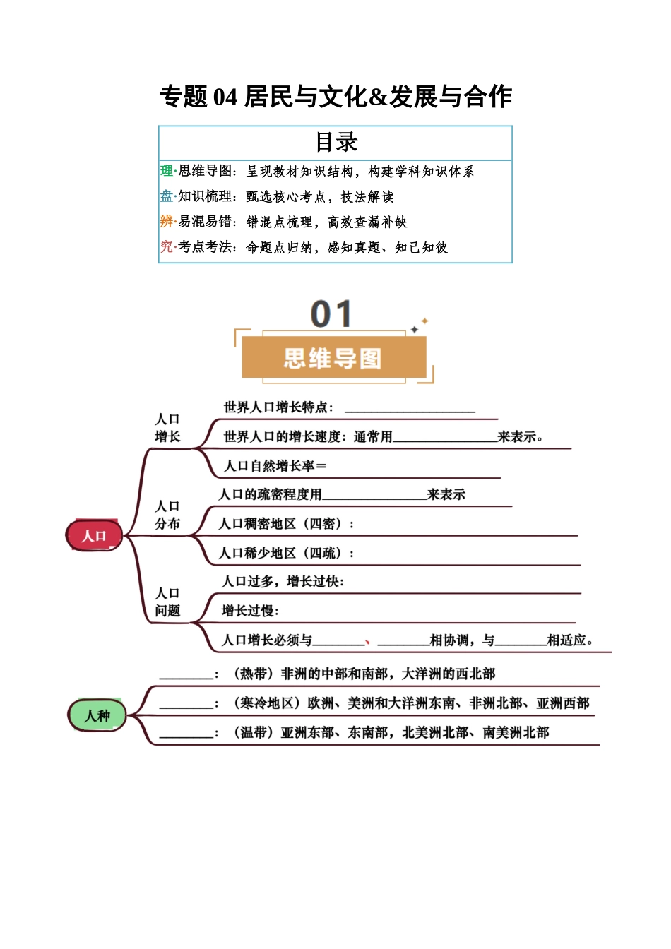 专题04 居民与文化&发展与合作-【口袋书】2025年会考地理一轮复习知识清单 （挖空版）.docx_第1页