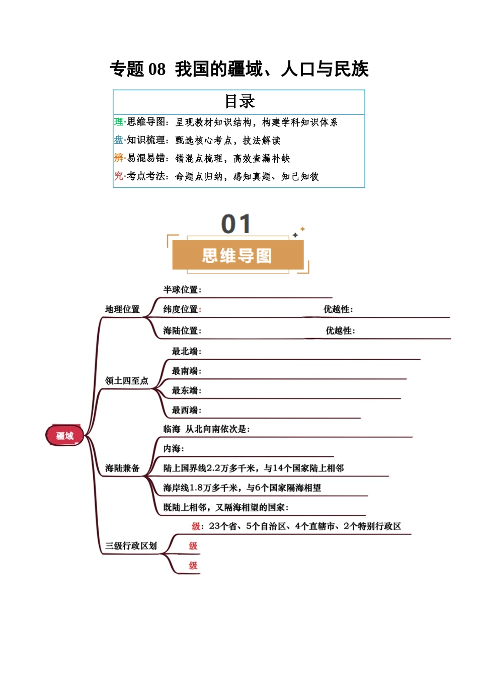 专题08  我国的疆域、人口与民族-2025年会考地理知识点梳理（挖空版）.docx_第1页