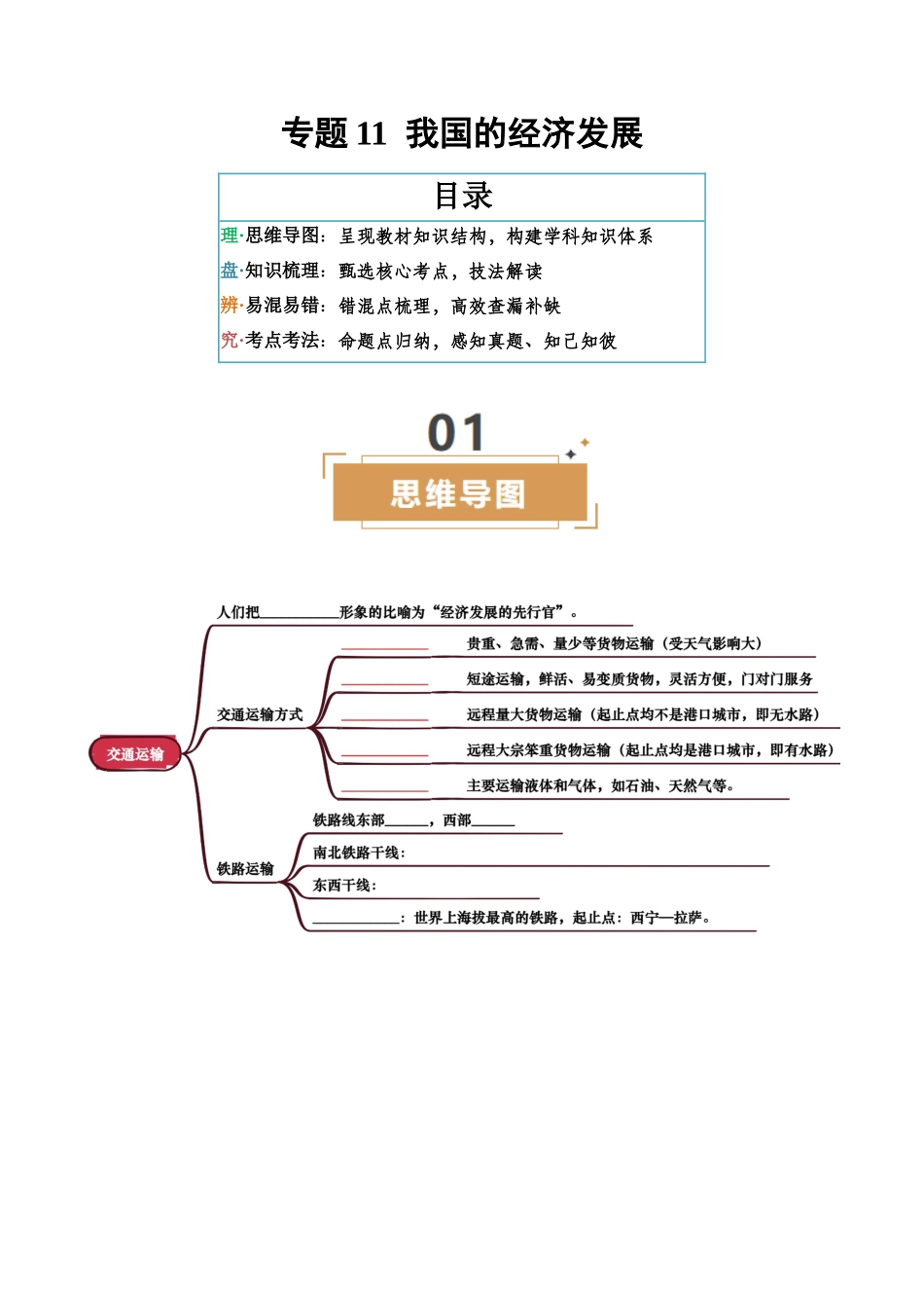 专题11  我国的经济发展-2025年会考地理知识点梳理（挖空版）.docx_第1页