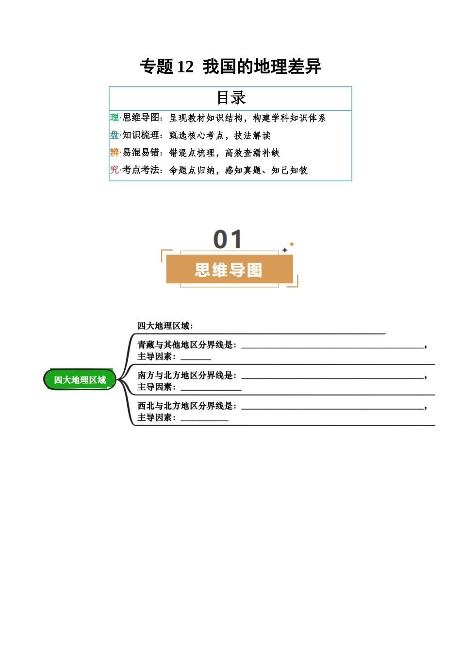 专题12  我国的地理差异-2025年会考地理知识点梳理（挖空版）.docx_第1页