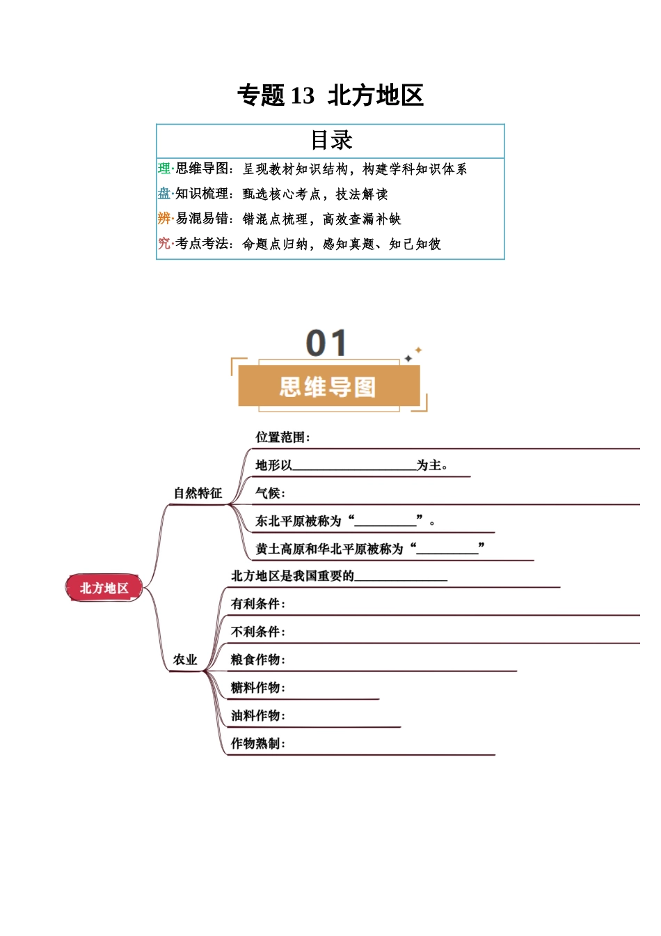 专题13  北方地区-2025年会考地理知识点梳理（挖空版）.docx_第1页