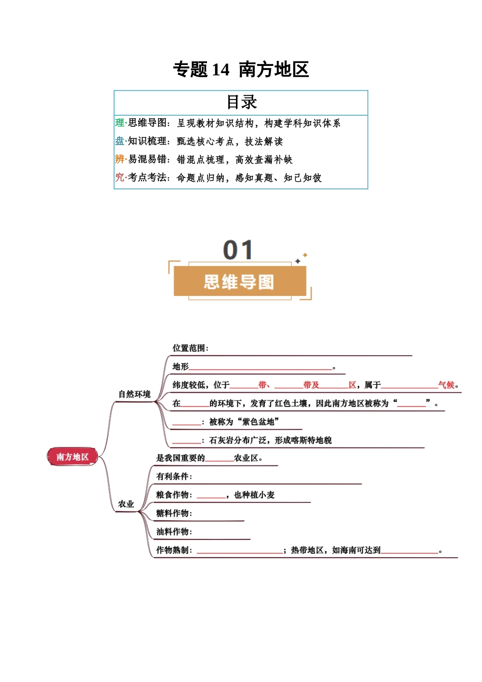 专题14  南方地区-2025年会考地理知识点梳理（挖空版）.docx_第1页