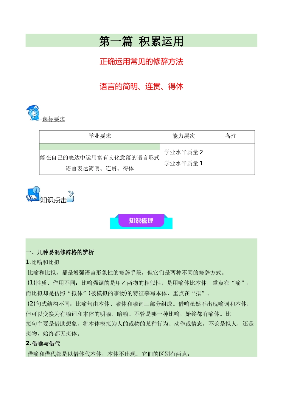 07正确运用常见的修辞方法+语言简明、连贯、得体（知识梳理+考点精讲精练+实战训练）（原卷版）-【学考复习】2024年高中语文学业水平考点归纳.docx_第1页