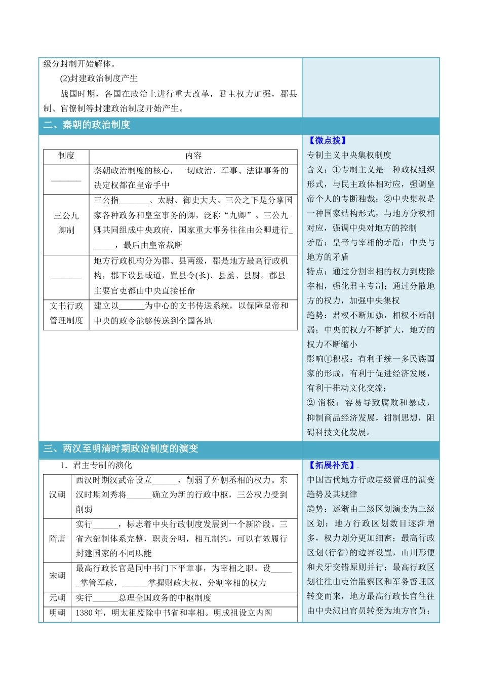 2024高二历史选择性必修1：国家制度与社会治理讲义-第1课中国古代政治制度的形成与发展（填空版）.docx_第2页