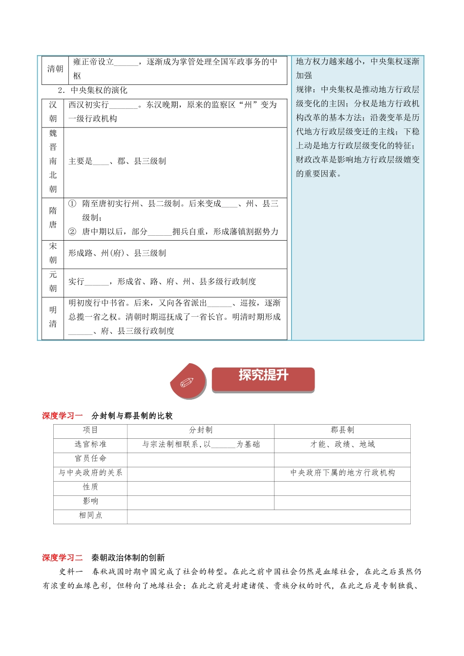 2024高二历史选择性必修1：国家制度与社会治理讲义-第1课中国古代政治制度的形成与发展（填空版）.docx_第3页
