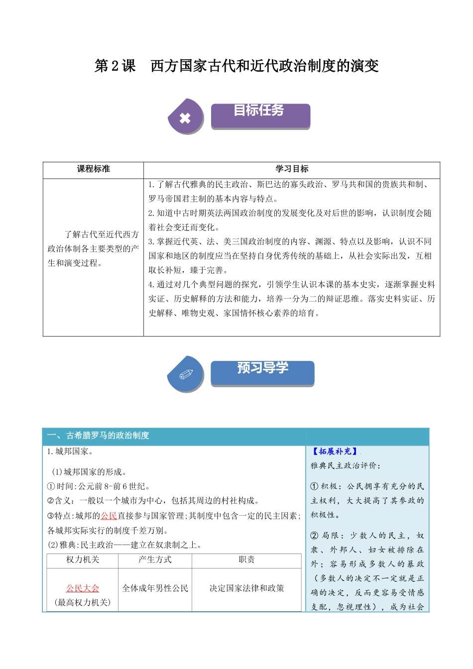 2024高二历史选择性必修1：国家制度与社会治理讲义-第2课西方国家古代和近代政治制度的演变（答案版）.docx_第1页