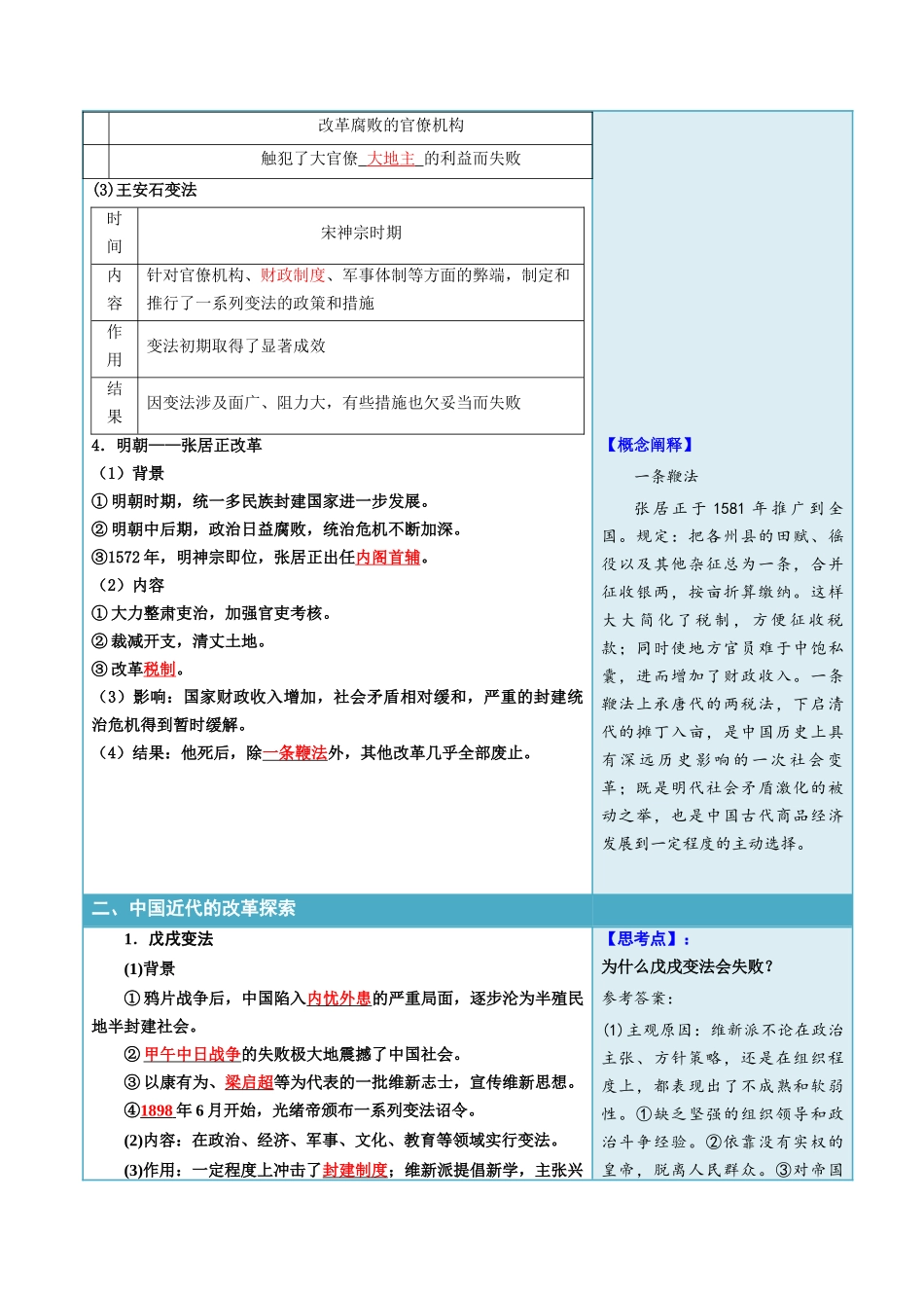 2024高二历史选择性必修1：国家制度与社会治理讲义-第4课中国历代变法和改革（答案版）.docx_第3页