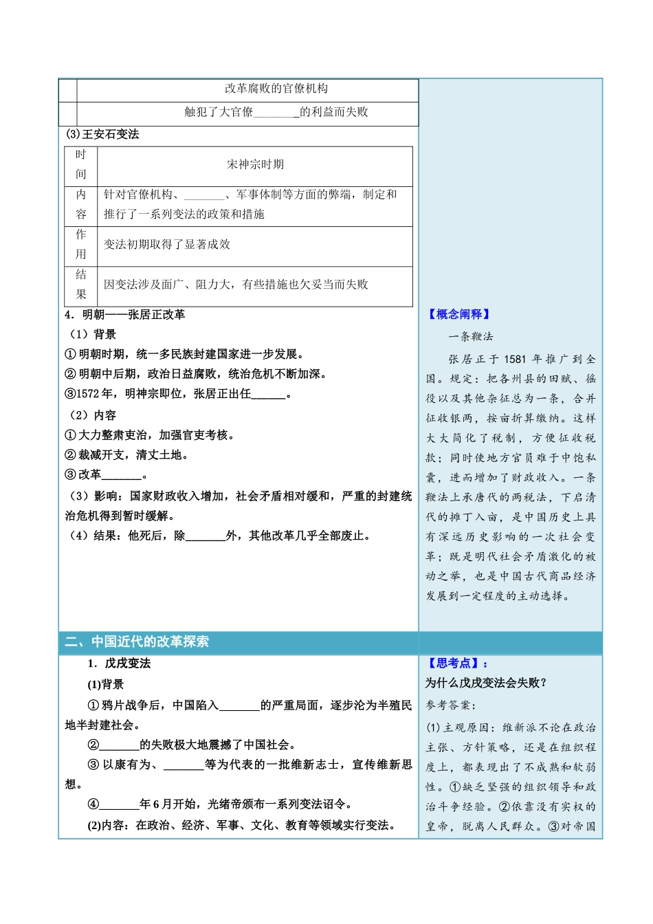 2024高二历史选择性必修1：国家制度与社会治理讲义-第4课中国历代变法和改革（填空版）.docx_第3页