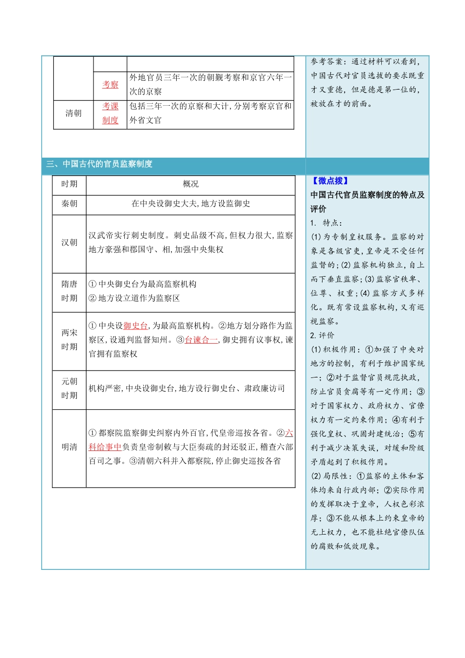2024高二历史选择性必修1：国家制度与社会治理讲义-第5课中国古代官员的选拔与管理（答案版）.docx_第3页