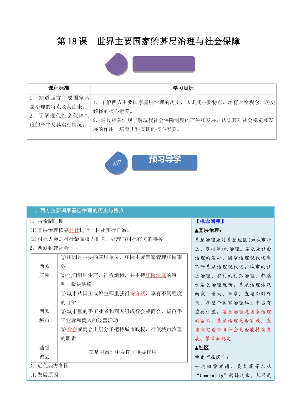 2024高二历史选择性必修1：国家制度与社会治理讲义-第18课世界主要国家的基层治理与社会保障（答案版）.docx_第1页